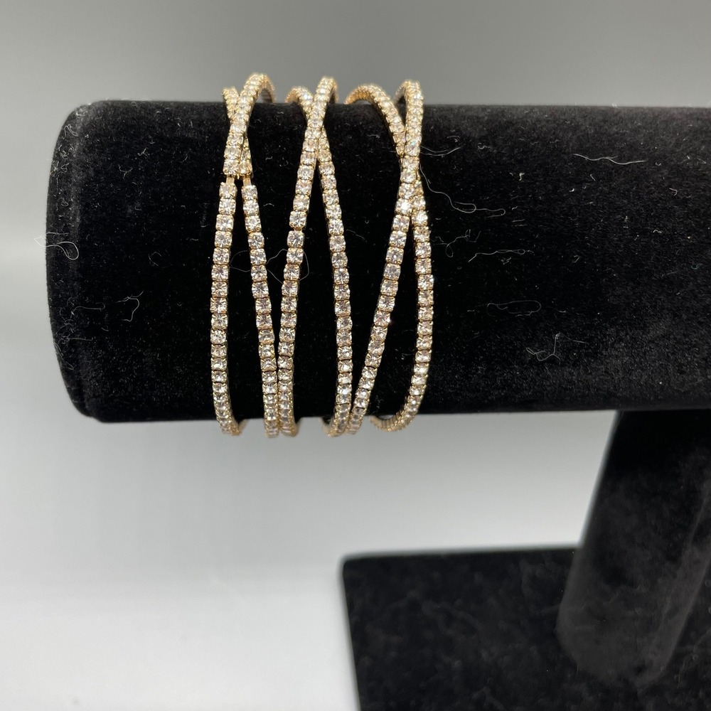 Gold Tone Rhinestone Multi Row Layered Wrap Cuff Statement Bracelet